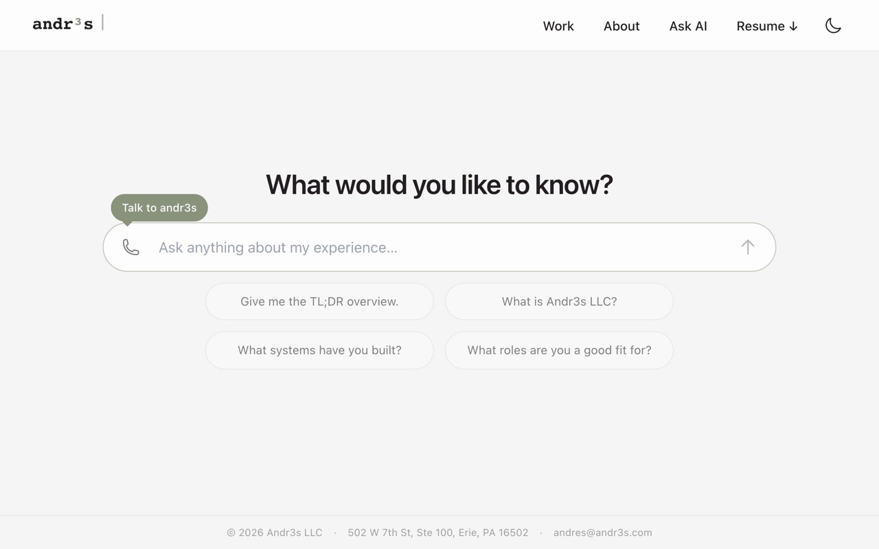 The andr3s.com chat page asking 'What would you like to know?' above suggested questions.