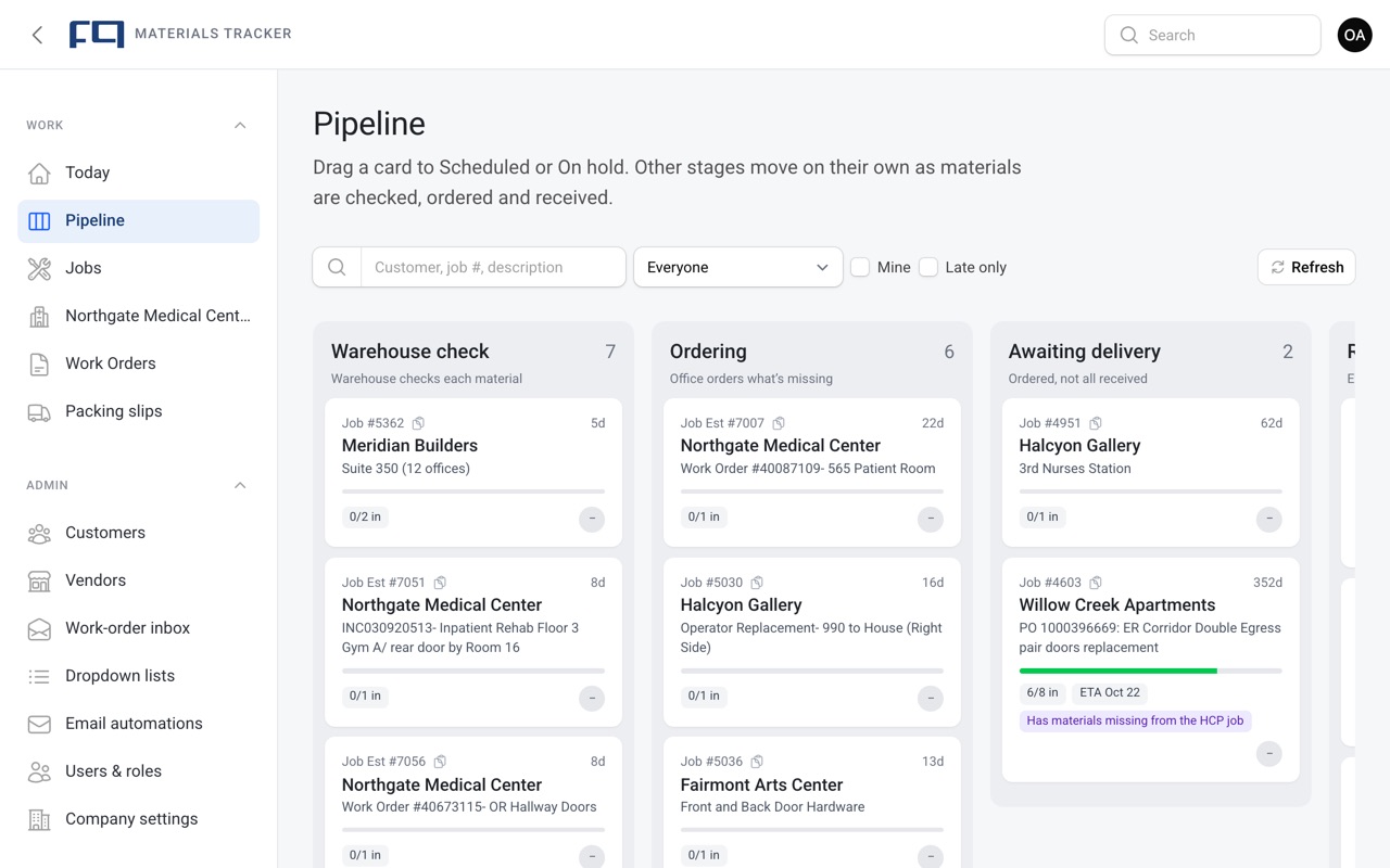 The FQ Doors tracker's Pipeline board: jobs in Warehouse check, Ordering, Awaiting delivery and Ready to schedule columns, with material progress and ETAs on each card.
