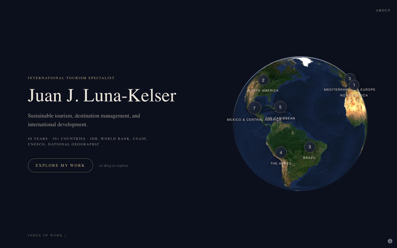 The juanlunak.com homepage: the name set in a serif beside an interactive 3D globe with numbered project regions.