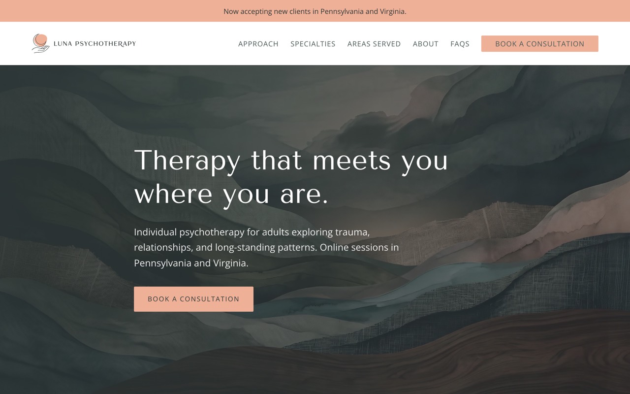 The Luna Psychotherapy homepage: 'Therapy that meets you where you are' over a soft painted landscape.